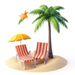 Obraz premium Tropical beach scene with sun loungers and umbrella.