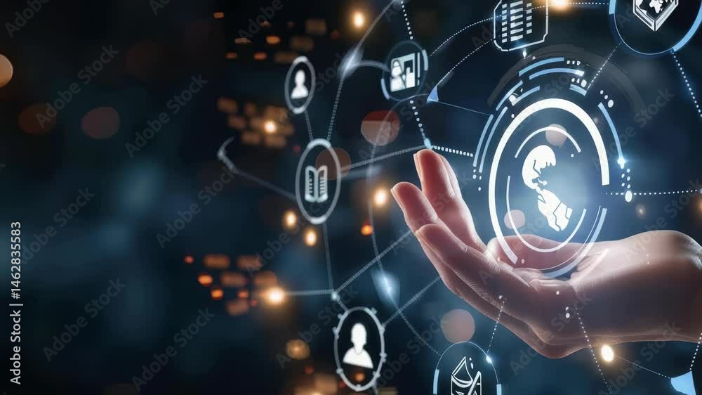 Poster Abstract image showcasing a hand interacting with a digital interface depicting global connectivity, symbolizing future technologies , education with elements of networking , digital communication.