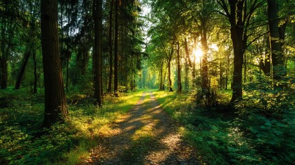 Obraz premium Sunlit Forest Path Lush Green Trees Summer Nature Sunlight Woods Woodland Trail Tranquil Peaceful Scenic Beauty Serene Environment Escape 