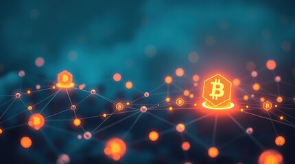 Cryptocurrency network, glowing digital symbols connected by network