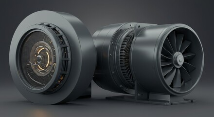 Industrial Ventilation Fans - Two powerful industrial ventilation fans, one with a visible internal mechanism, set against a dark gray background