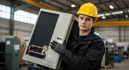 Industrial Technician with Air Conditioning Unit - A diligent young male technician, wearing a yellow helmet and black jacket, carefully carries a large air conditioning unit, symbolizing hard work