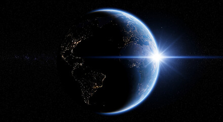 Earth illuminated by sunrise in deep space  