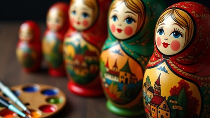 Traditional russian matryoshka dolls displayed on wooden surface with artistic palette and brushes