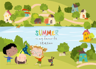 Obraz premium Happy Kids playing in Meadow in countryside village surrounded by a garden and trees