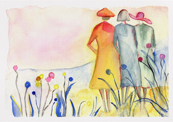 Three women watching the sunset in a dreamy floral landscape — watercolor art, hand-made