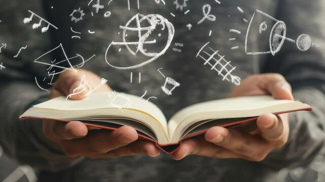 A person holds an open book, with imaginative drawings of a globe, musical notes, and geometric shapes emanating from its pages, suggesting the power of knowledge and creative expression.