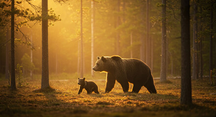 Mother Bear and Cub at Golden Hour - A majestic brown bear and her cub stroll through a sun-drenched forest, bathed in the warm glow of the setting sun