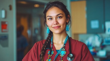 Portrait Confident Female Doctor Native American Turquoise Jewelry Red Scrubs Healthcare Professional Medical Worker Strong Woman Indigenous