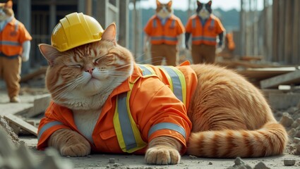 Charming sleeping orange cat in construction worker attire at cozy construction site with fellow worker cats