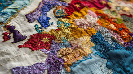 Obraz premium A detailed miniature or satellite-style view of the continent of Europe with a tilt-shift effect. Green landmasses with textured mountains contrast with deep blue oceans. The shallow depth of field 