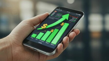 Hand holding phone with stock market graph, chart growth shows profit increase. Mobile stock trading app for investment opportunity and financial success. - Powered by Adobe