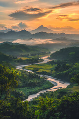 Majestic Panorama: Serenity and Natural Grandeur at a Sunset Horizon
