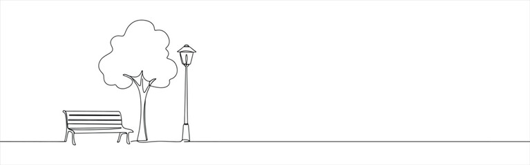 Bench in park near tree and lantern continuous one line drawing.