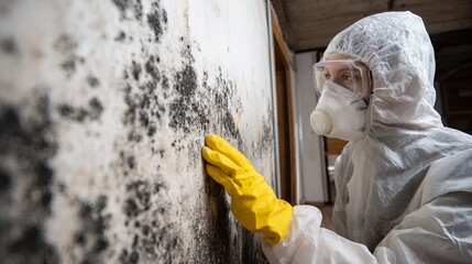 Mold Inspection Specialist Examining Black Mold Growth on Wall Surface Home Inspection Environmental Hazard Remediation Safety Precautions  