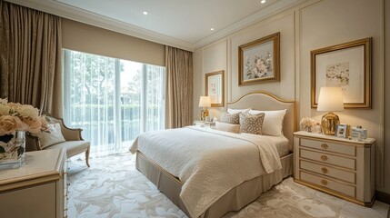 Elegant bedroom with large windows
