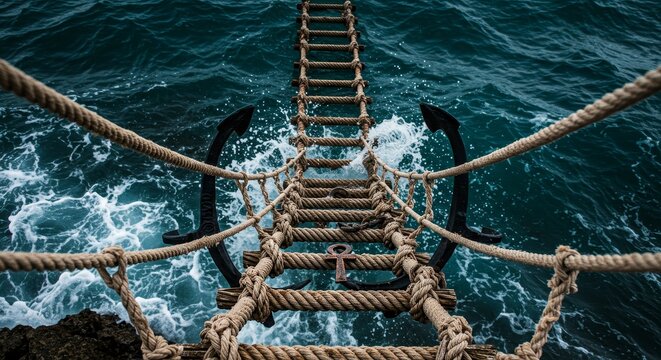 Rope Bridge Over Ocean Waves - A rustic rope bridge spans churning ocean waves, anchored by two anchors. A small ankh rests on the bridge