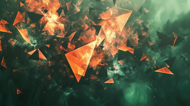Abstract geometric shapes exploding in smoky, dark background