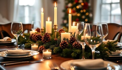 table set for christmas with candles and pine cones