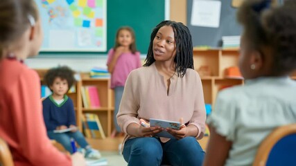 A teacher sits with students during circle time, fostering engagement. Colorful classroom with a board and shelves, enhancing the learning environment. - Powered by Adobe