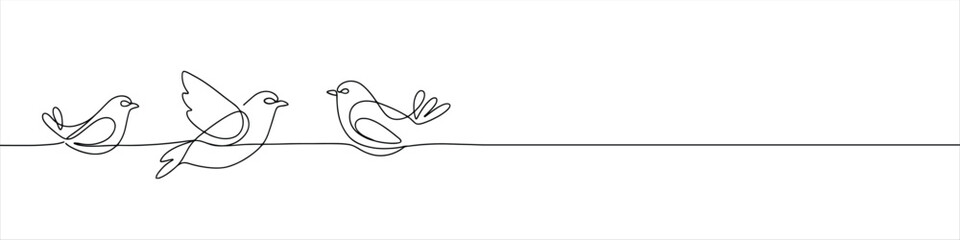 Fototapeta premium Birds on branches continuous one line drawing. Bird symbol.