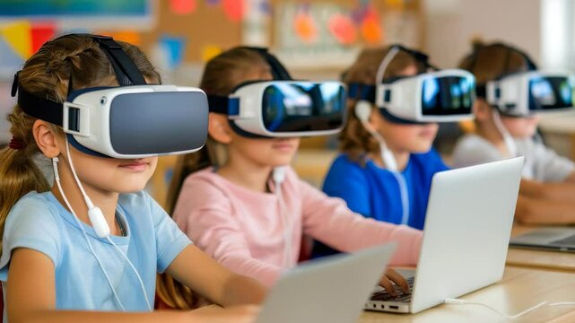 Young students wearing VR headsets are immersed in interactive learning using laptops in a bright classroom setting. Modern education combines tech with creative experiences.