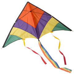 A colorful kite with orange purple yellow and green panels and rainbow colored tail on white backdrop