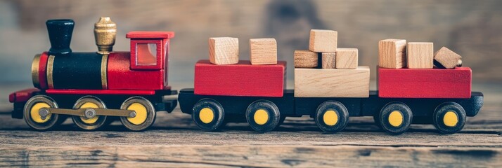 A wooden train with a brown engine and a yellow caboose is sitting on a wooden track. The train is made of wood and has a vintage look to it. The engine is the main focus of the train