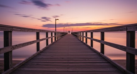 Fototapeta premium Serene Sunset Pier Beach Wallpaper - Tranquil beach pier at sunset, symbolizing peace, solitude, journey, hope, and serenity. Ideal for a relaxing phone background
