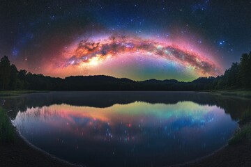 Fototapeta premium Milky Way arching over a serene lake, reflected in still water under a starlit sky.