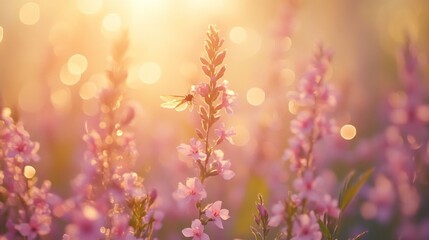 Sunset dragonfly over pink flowers