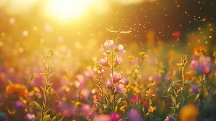 Sunset wildflowers meadow; insects fly; idyllic summer scene; nature background