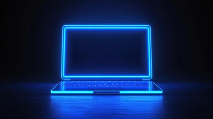 Neon blue laptop on dark surface