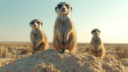 Fototapeta premium Three meerkats on sand mound, desert background, wildlife documentary