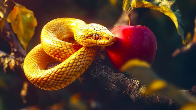 Tempter serpent with an apple, a symbol of the fall, a biblical allegory