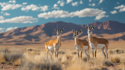 Three springboks in Namibian desert, mountains background, wildlife photography