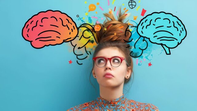 A young woman, with pouting lips and wearing red glasses, gazes upward with a look of mental overwhelm. Cartoonish doodles represent a surge of ideas and creativity on blue background.