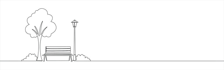 Bench in park near tree and lantern continuous one line drawing.