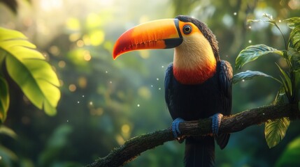 Fototapeta premium Toucan perched on branch, rainforest sunrise
