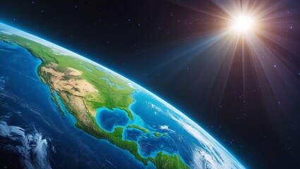 Fototapeta premium Realistic digital illustration of earth from space with north america in vibrant detail and stellar background