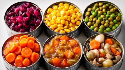 An appealing assortment of canned vegetables, showcasing vibrant colors from multiple angles