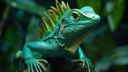 Fototapeta premium Turquoise lizard perched on rock, lush foliage background; nature photography