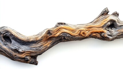 Twisted driftwood branch against white, nature texture