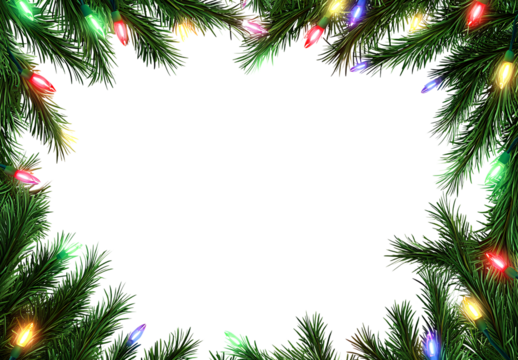 Christmas frame made of green Christmas tree branches with colorful lights on a transparent background, with white space in the middle for text or a photo. - Powered by Adobe
