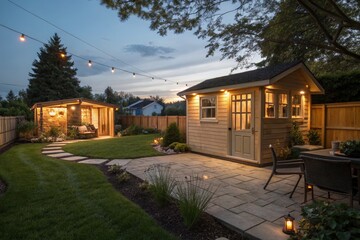 Evening Backyard Retreat With Well Lit Shed and Cozy Ambiance Generative AI
