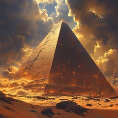 Golden Pyramid Emerges from Desert Mist with Radiant Glow Photo