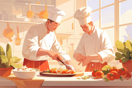 chefs cooking in a kitchen.