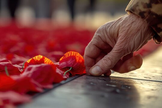 Hand gently placing a red artificial poppy on a war memorial for remembrance and tribute
