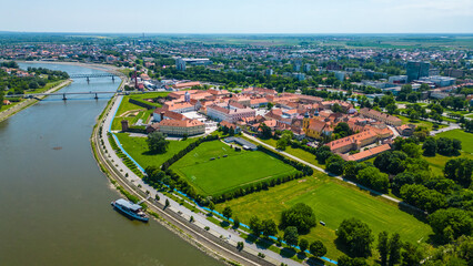 Aerial view of Tvrđa (Fortress), Osijek – a stunning Baroque fortress complex showcasing remarkable old architecture and historic charm, nestled along the Drava River in eastern Croatia