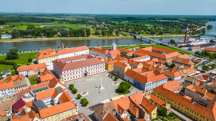 Naklejka premium Aerial view of Tvrđa (Fortress), Osijek – a stunning Baroque fortress complex showcasing remarkable old architecture and historic charm, nestled along the Drava River in eastern Croatia